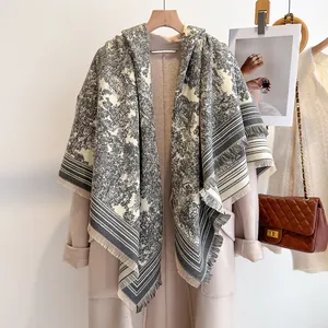 Toile de Jouy cashmere shawl scarf with dense forest plant pattern and fringe details