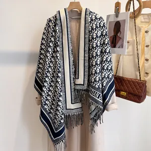 Women Thick Warm Scarf Shawl With Fringe Letter Pattern Double Sided Pashmina Style Wrap For Winter Fall Fashion Accessories