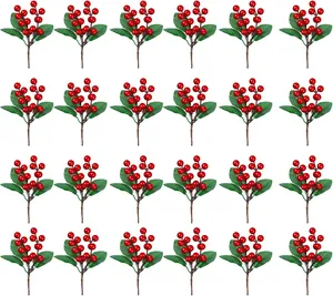 Artificial Red Berries Pine Pick For Christmas Decoration Wood Plastic DIY Gift Box Accessory Table Home Decor Winter Party Supplies