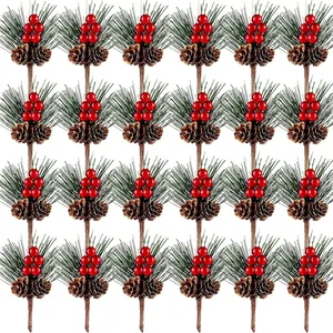 Pics D'aiguilles De Pin De Noël Artificielles Avec Baies Rouges Et Pommes De Pin Décoration Florale De Fête D'hiver DIY