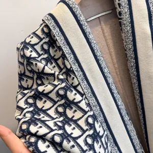 Premium double-sided D-letter pattern shawl with fringes in navy blue and cream white