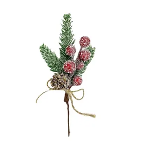 Artificial Christmas pine branch with red berries and pinecones in frosted snow finish