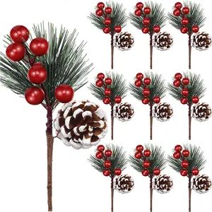 Artificial Christmas Pine Picks With Red Berries And Pine Cones Snow Sprayed Green Pine Branches For Xmas Tree DIY Decor