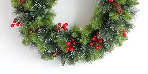 Close-up of Christmas wreath with pine needles, red berries, pine cones and snow flocking