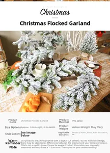 Detail of 1.8m snow-flocked Christmas garland made of PVC and wire for festive decor