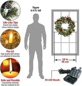 Detail of 18-inch pre-lit Christmas wreath with 50 LED beads and realistic pine needles