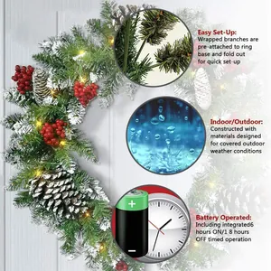 Detail of Christmas garland with LED lights, berries, pine cones and auto-timer function