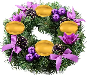 Top view of green Advent wreath with purple bows, pine cones, and four gold candle holders