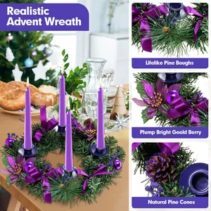 Close-up of Advent wreath with purple candles, silk ribbons, and frosted pine cones