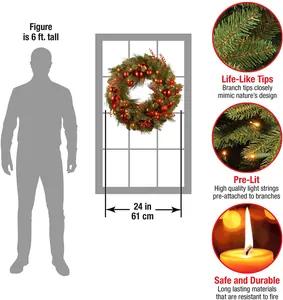 Detail of 24-inch Christmas wreath with red ornaments, lights and size scale comparison