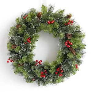Christmas Wreath Pine Needle Red Berry Pine Cone Snow Frosted Door Wall Hanging Festival Ornament Home Decoration