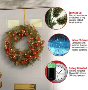 Christmas wreath detail showing LED lights, battery box with timer and waterproof branch