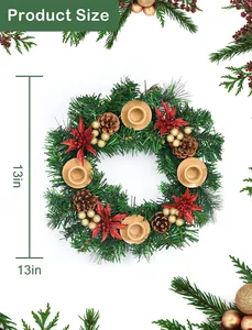 Detail of 13-inch Christmas wreath with red poinsettia, pine cones and four gold candle holders