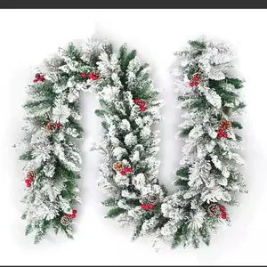Christmas Garland Artificial Snowy Flocked Pine Needle With Pine Cones Red Berries PVC Festive Decoration For Window Door Fireplace