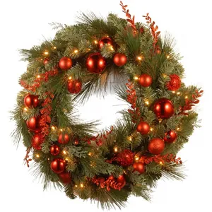 Artificial Christmas Wreath With LED Lights Red Ornaments Pine Needles For Front Door Wall Indoor Outdoor Holiday Decoration