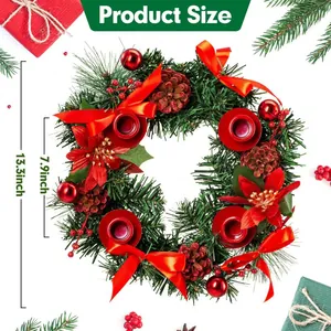 Christmas Advent Wreath Candle Holder With 4 Cups Artificial Pine Needle Pinecone Satin Ribbon Bow Tabletop Holiday Decoration