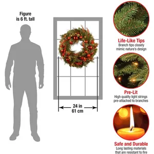 24-inch pre-lit Christmas wreath with red ornaments and fire resistant needles