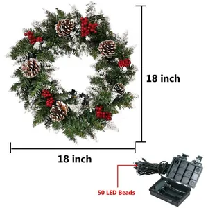 18 inch Christmas wreath with 50 LED lights, snow flocked pine needles and red berries