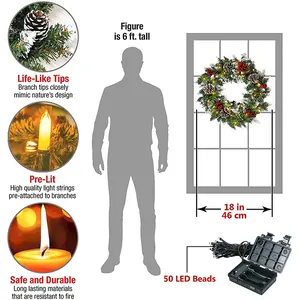 Pre-lit 18-inch Christmas wreath with 50 LED lights, pine cones and red berries