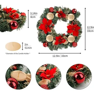 Ghirlanda natalizia con fiori rossi e quattro candelieri, vista frontale diametro 33 cm