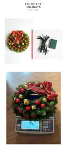 Macro detail of 40cm PE Christmas wreath with LED lights and 440g weight measurement