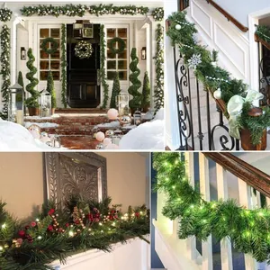 5.5m lush green Christmas garland with red berries and warm LED lights for home decor