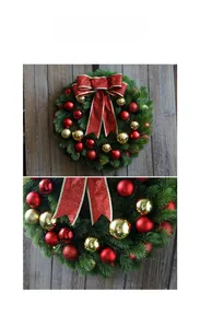 Detailed close-up of a 40cm Christmas wreath with red gold baubles and a glittery bow