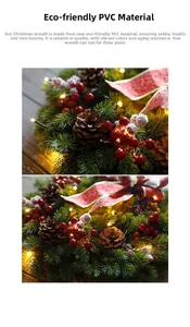 Detail of 40cm Christmas wreath featuring pine cones, red berries, and warm LED lights