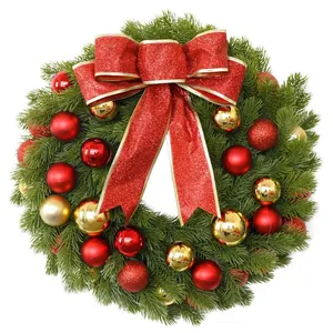 Christmas Wreath With LED Warm Lights Red Berries Pine Cones Bowknot PE Artificial Xmas Garland For Door Wall Home Decor