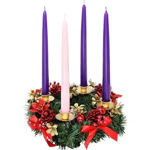 Advent wreath candle holder with pine needles, red ribbons, and four colored candles