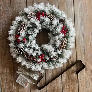 40cm PE Christmas wreath with LED lights, snow coating, pine cones and red berries