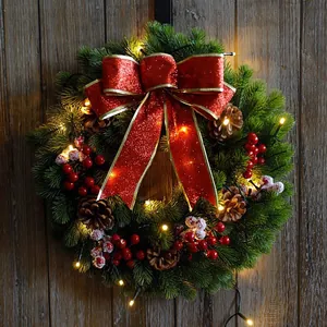 40CM Christmas wreath with PE pine needles, red bow, pine cones and warm LED lights