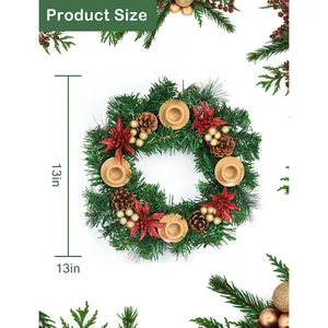 13-inch Christmas wreath centerpiece with red poinsettias, pine needles and 4 candle holders