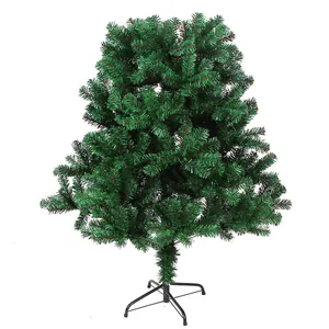 Detail of dense flame-retardant PVC Christmas tree needles and sturdy black metal stand