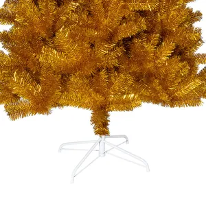 Golden PET artificial Christmas tree with dense leaves and stable white metal stand base