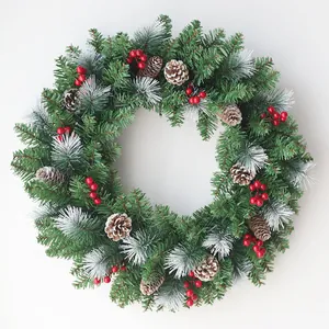 Artificial Christmas Wreath With LED Lights Pinecones Red Berries Snow Effect PVC PE Garland For Front Door Home Wall Hanging Decoration