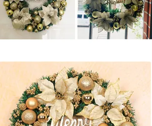 Makro-Detail des Weihnachtskranzes mit goldenen Blumen, glänzenden Kugeln und Tannennadeln