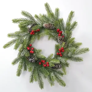 Christmas PE Pine Needle Wreath Snow Flocked With Pine Cones Red Berries For Door Wall Home Decor Artificial Holiday Garland