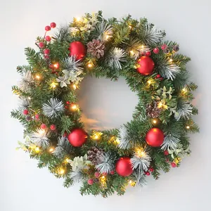 Christmas Wreath Artificial Pinecone Red Berry Ornaments First Snow Flocked Front Door Wall Hanging Winter Festive Home Decor