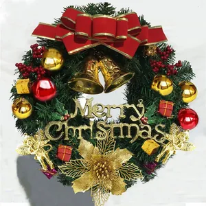 60cm Christmas wreath with LED lights, red velvet bow, and golden angel decor