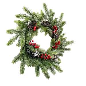 50cm Christmas wreath with PE pine needles, snow frosting, cones, and red berries