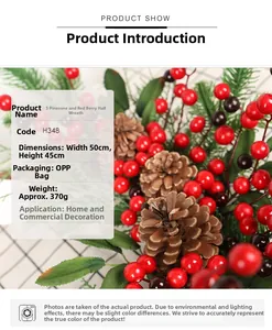 Detail of Christmas wreath with 5 pine cones, red berries and green pine needles 50x45cm