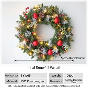 Christmas wreath with PVC pine needles, natural cones, red berries and warm LED lights