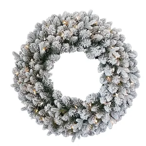 Artificial Christmas Wreath Flocked Snow Effect PVC PE Tips With Warm White LED Lights Festive Holiday Wall Door Hanging Decoration