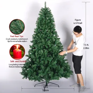 Detail view of a 7.5ft artificial Christmas tree showing fire-resistant PVC needles and size