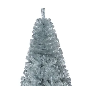 Dense 1.8m silver artificial Christmas tree with metallic tinsel branches on white background