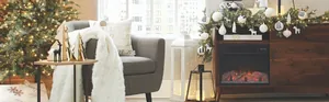 Cosy Christmas living room scene with an electric fireplace and warm lighted holiday tree