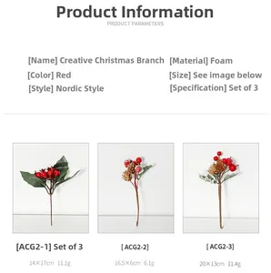 Detail of red foam berries, pine cones and green leaves for Christmas tree decoration