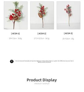 Detailed views of artificial red berries with pine cones and cedar leaves for Christmas