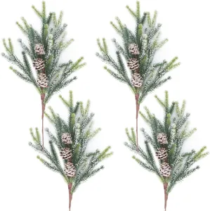 Set of 4 artificial pine picks with white snow dusting and natural pine cones for decor